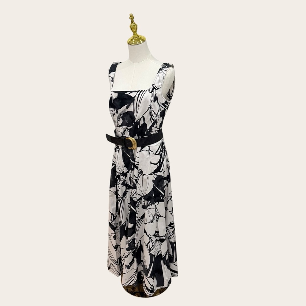 Donna Karan Floral Square Neck Belted Sateen Cotton Midi Dress Black/Pristine - Picture 11 of 16